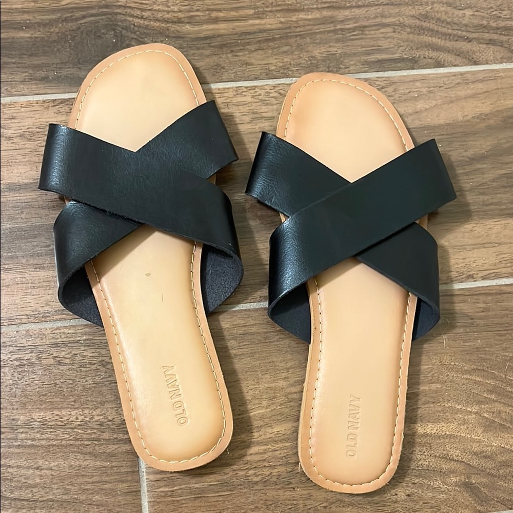 Old Navy Black Slide Sandals Criss-Cross Design